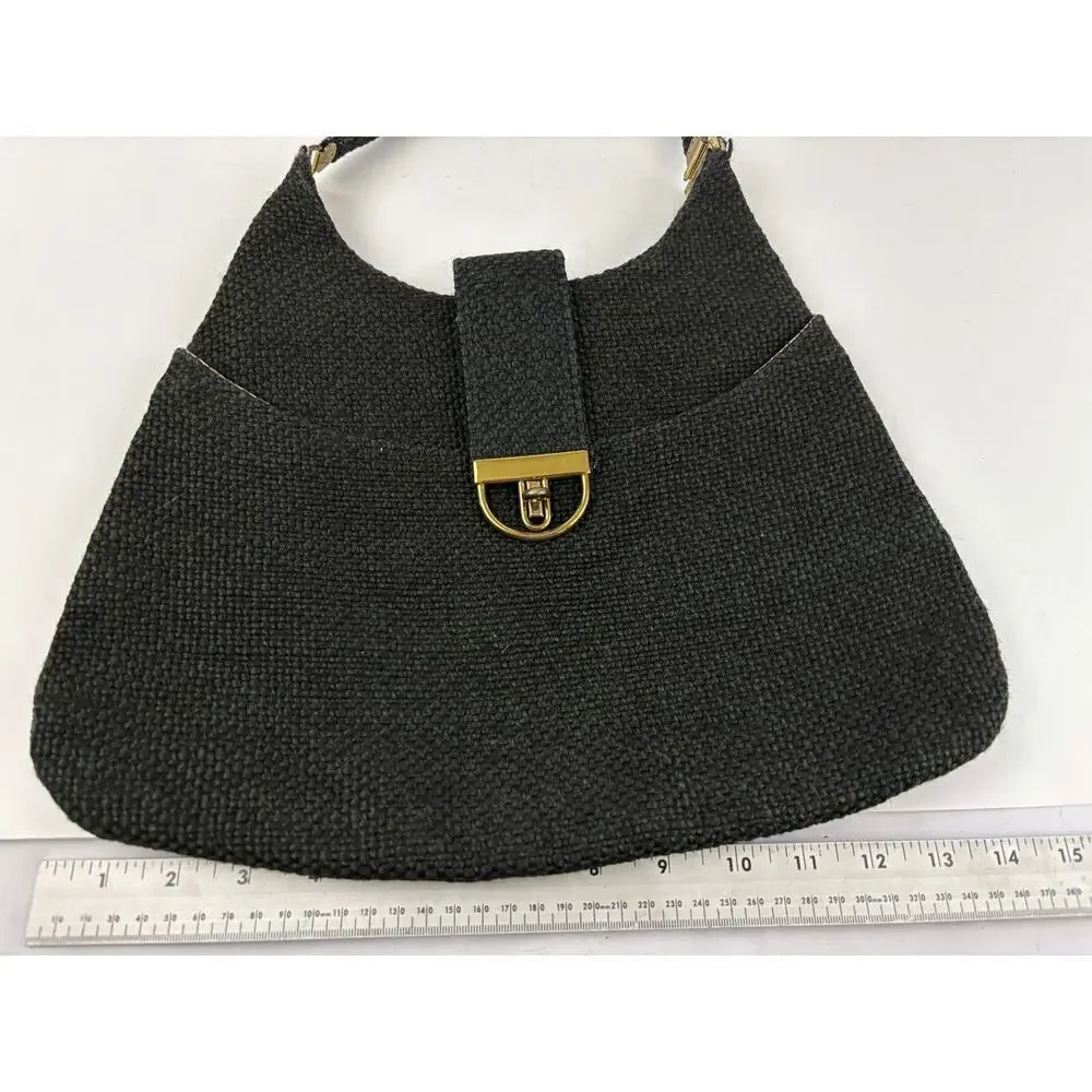 VTG 1970s Charcoal Black Tweed‎ Hobo Bag Gold Hardware Unique